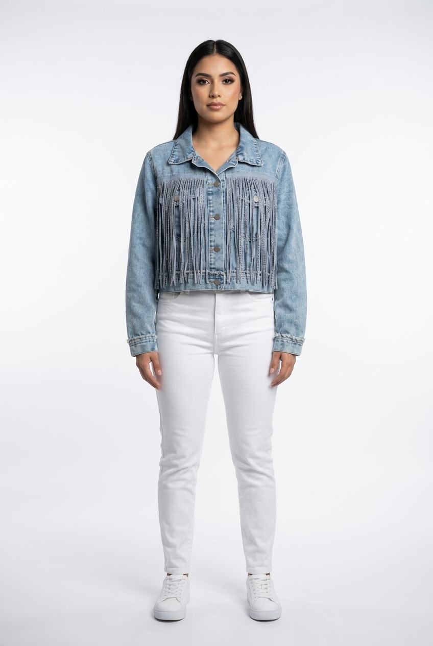 Cascading Rhinestone Fringe Denim Jacket