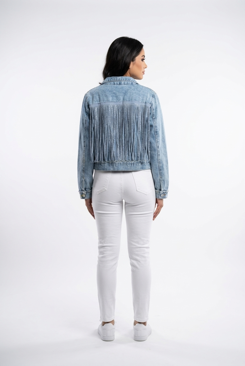 Cascading Rhinestone Fringe Denim Jacket