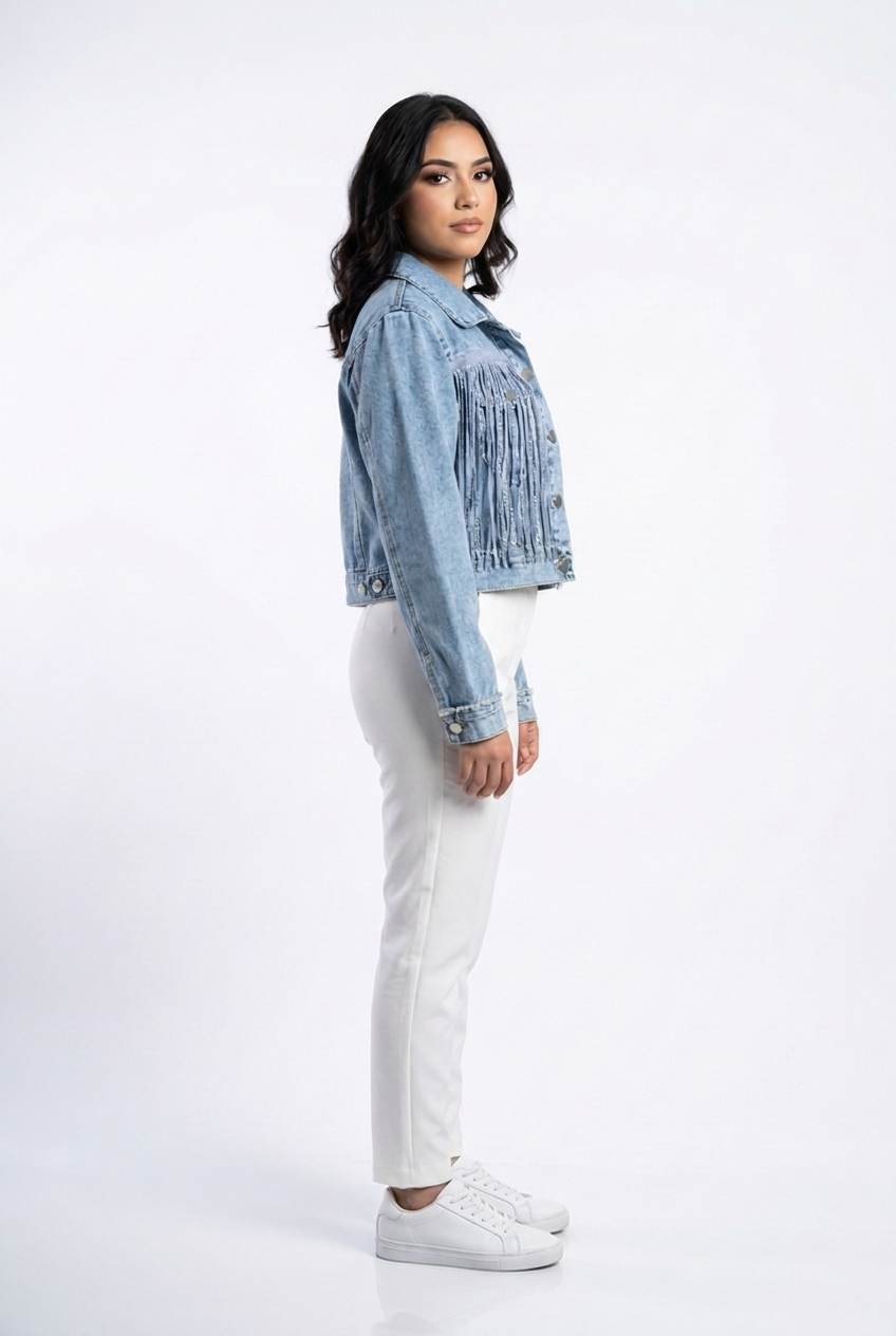 Cascading Rhinestone Fringe Denim Jacket