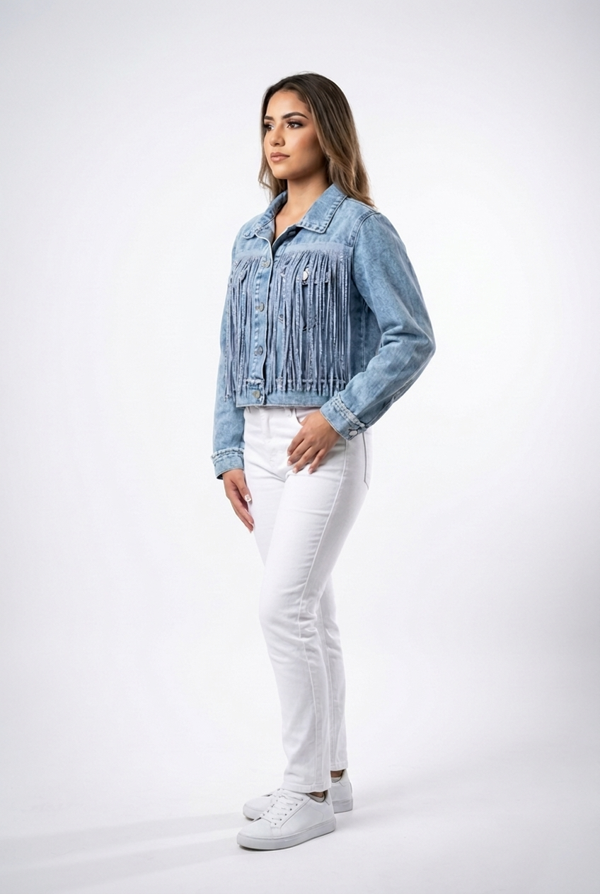 Cascading Rhinestone Fringe Denim Jacket