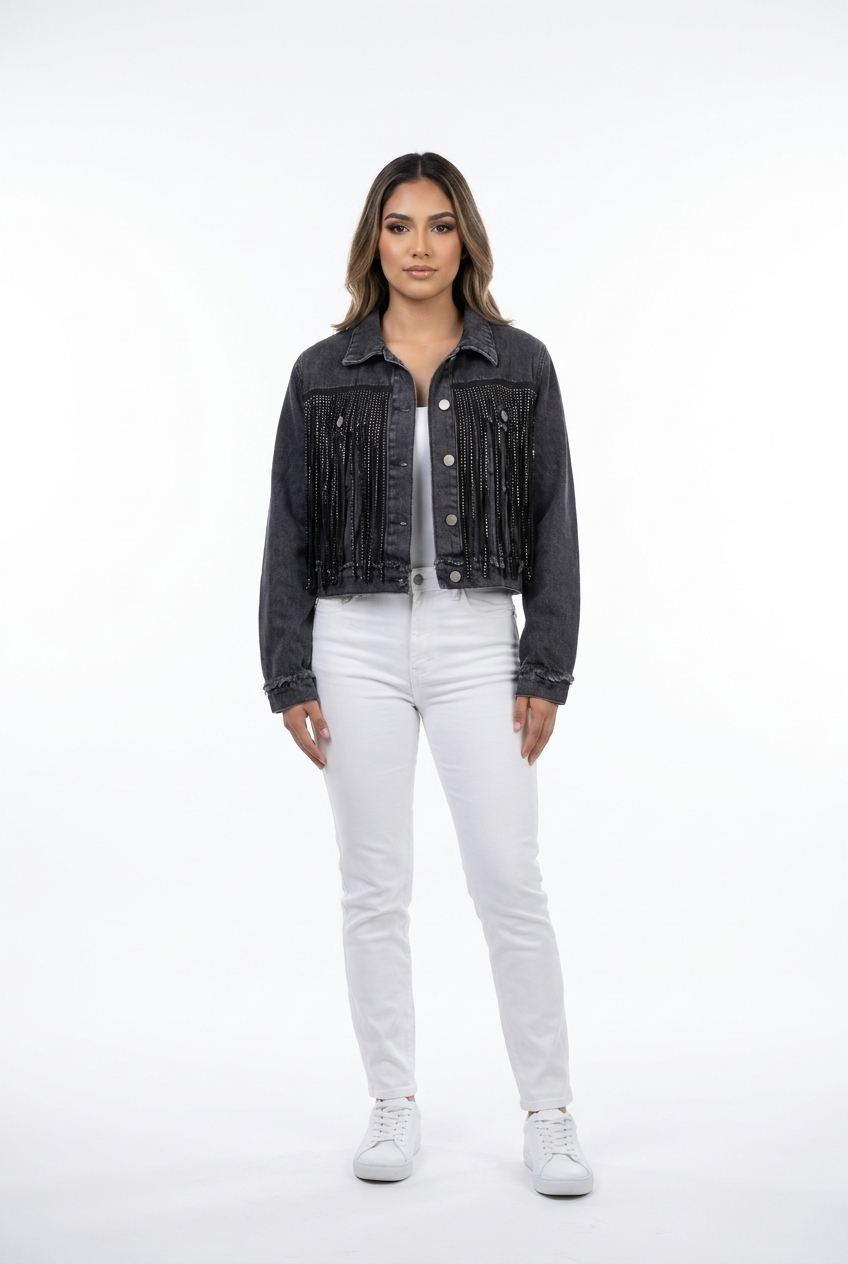 Cascading Rhinestone Fringe Denim Jacket