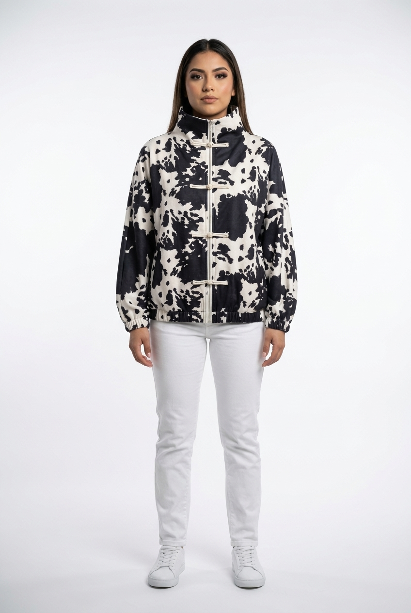 Print Toggle-Front Bomber Jacket