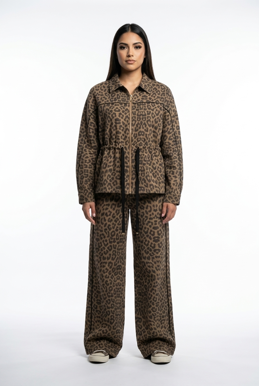 Cinched-Waist Leopard Print Track Set