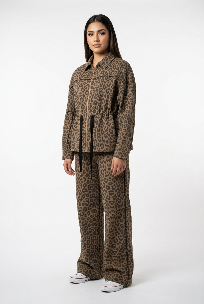 Cinched-Waist Leopard Print Track Set