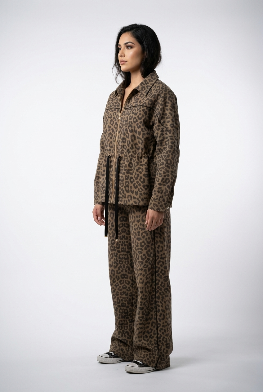Cinched-Waist Leopard Print Track Set