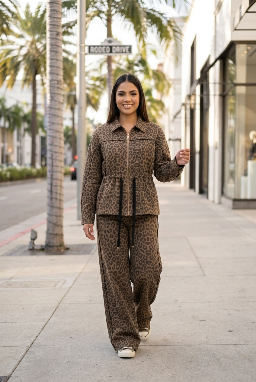 Cinched-Waist Leopard Print Track Set