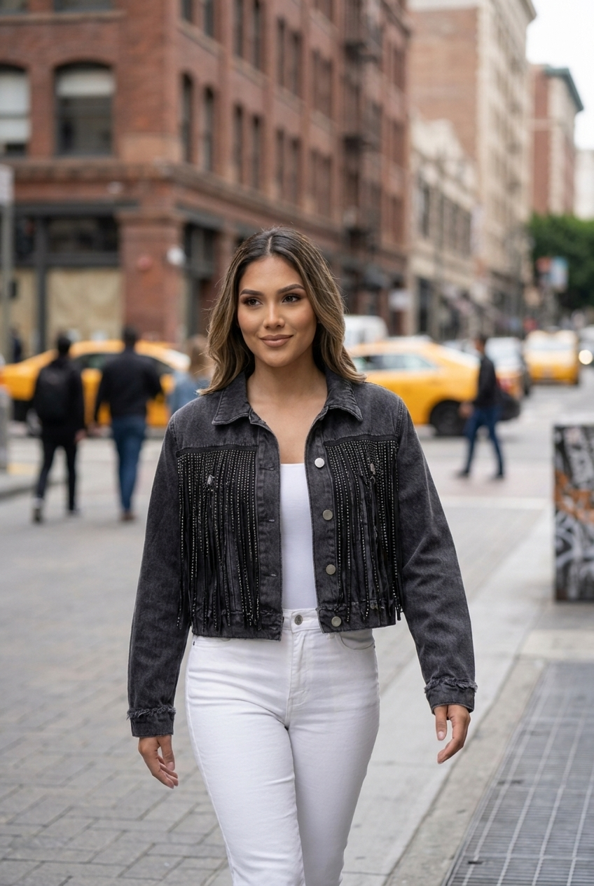 Cascading Rhinestone Fringe Denim Jacket