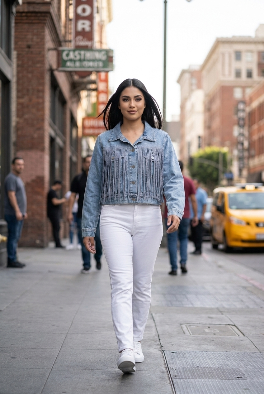 Cascading Rhinestone Fringe Denim Jacket