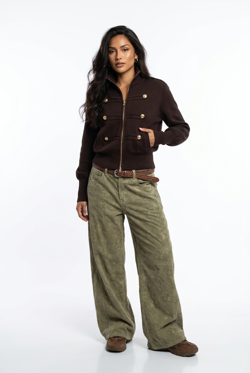 Military-Inspired Knit Zip Cardigan