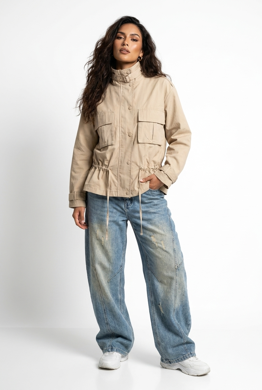 Cinched-Waist Cargo Utility Jacket