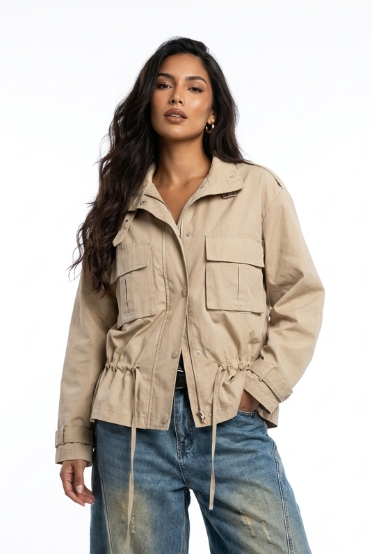 Cinched-Waist Cargo Utility Jacket
