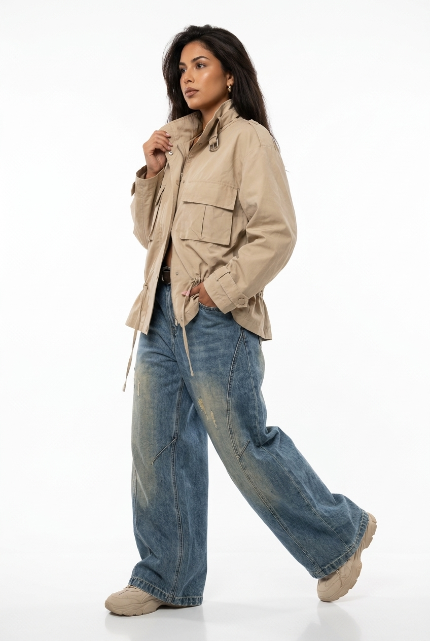 Cinched-Waist Cargo Utility Jacket