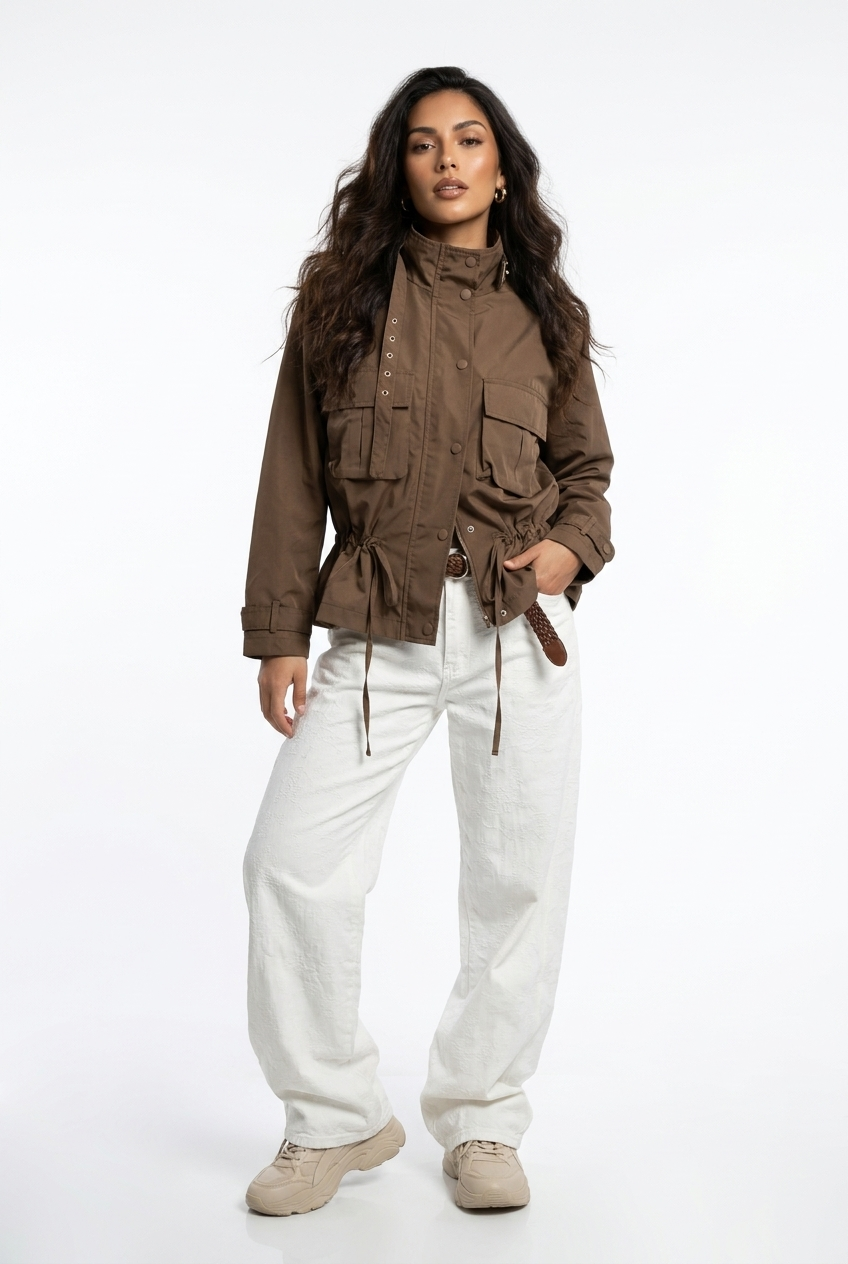 Cinched-Waist Cargo Utility Jacket