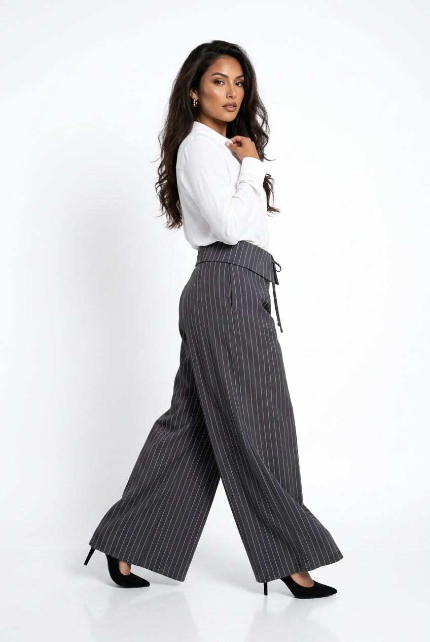 Fold-Over Lace-Up Pinstripe Trousers