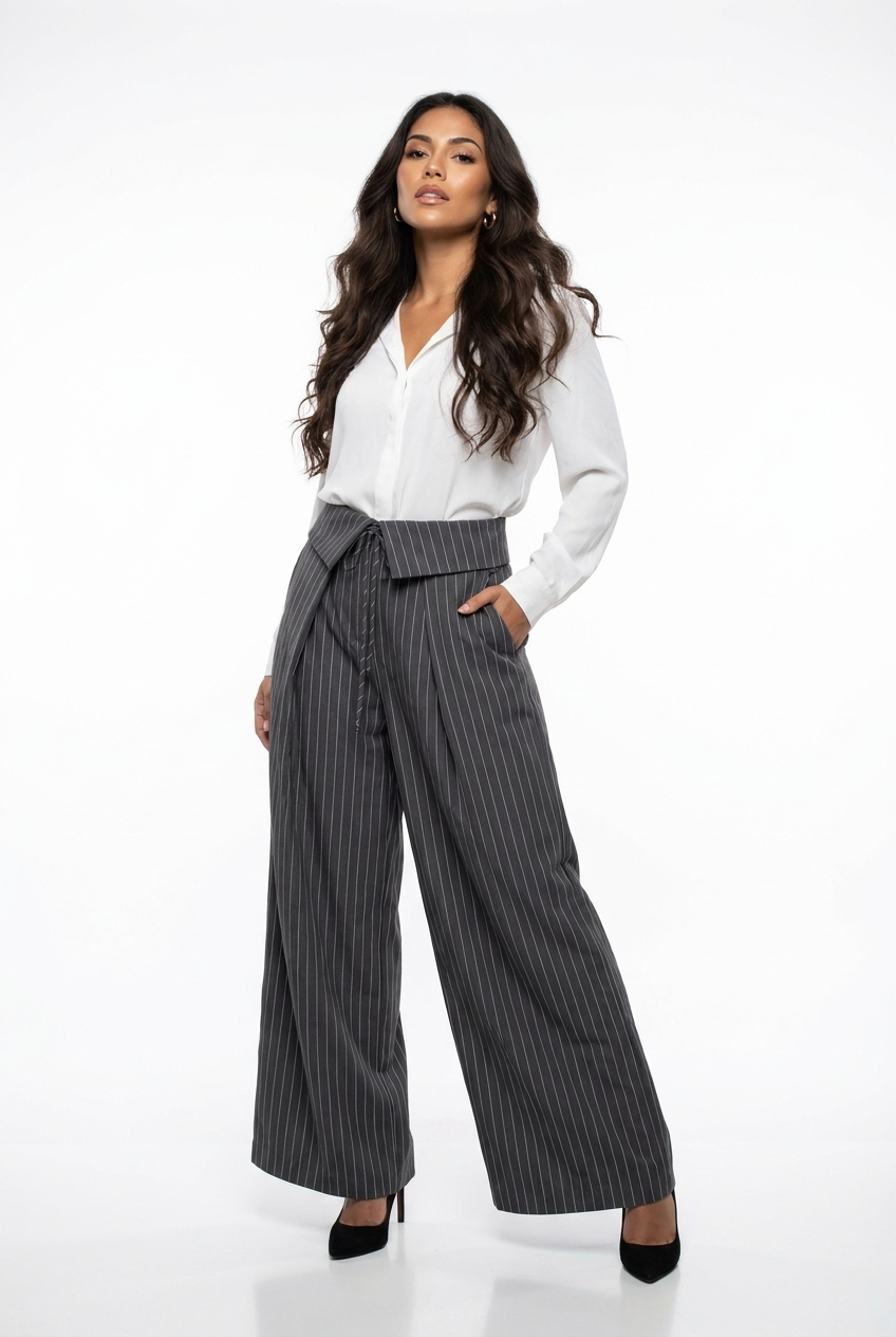 Fold-Over Lace-Up Pinstripe Trousers