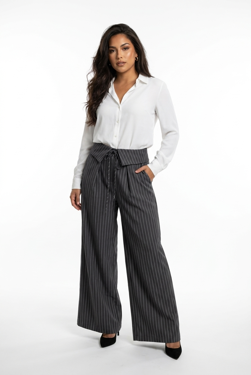 Fold-Over Lace-Up Pinstripe Trousers