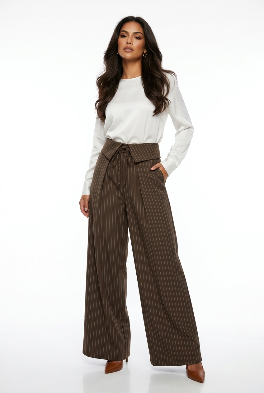 Fold-Over Lace-Up Pinstripe Trousers