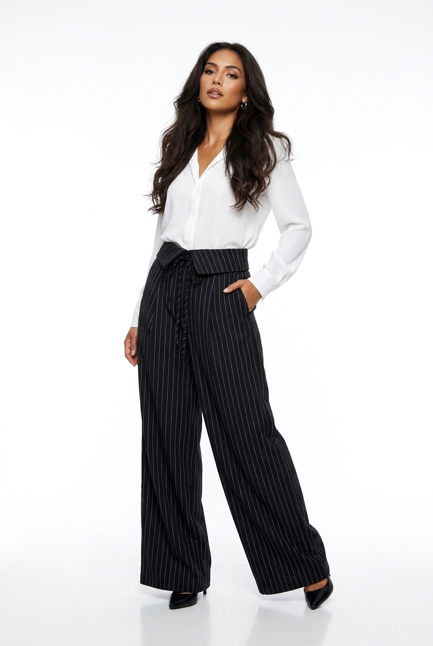 Fold-Over Lace-Up Pinstripe Trousers