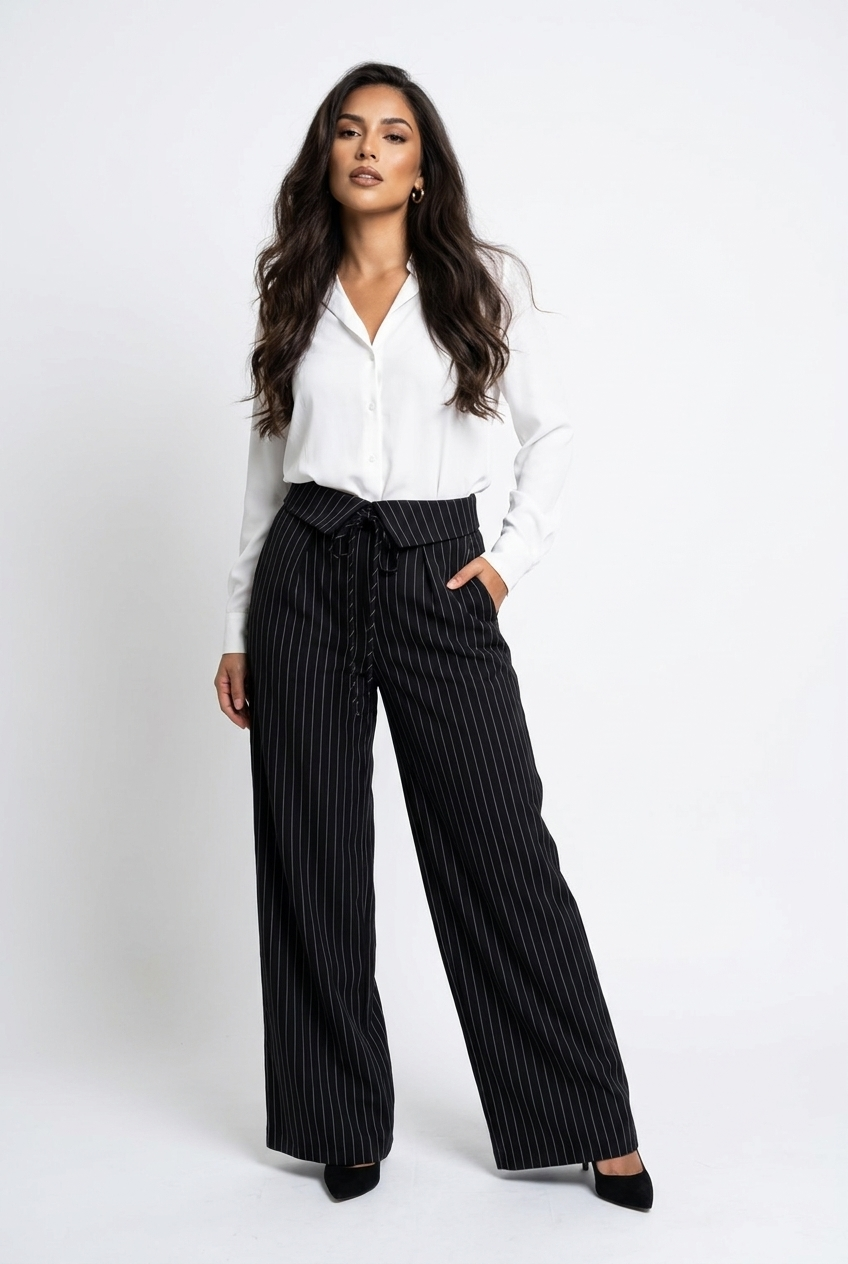 Fold-Over Lace-Up Pinstripe Trousers
