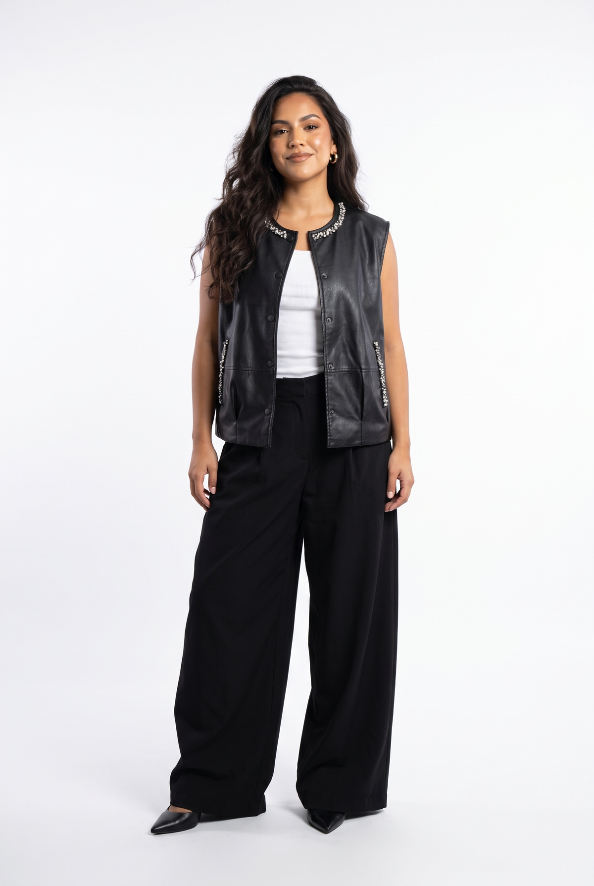Rhinestone-Trim Vegan Leather Vest