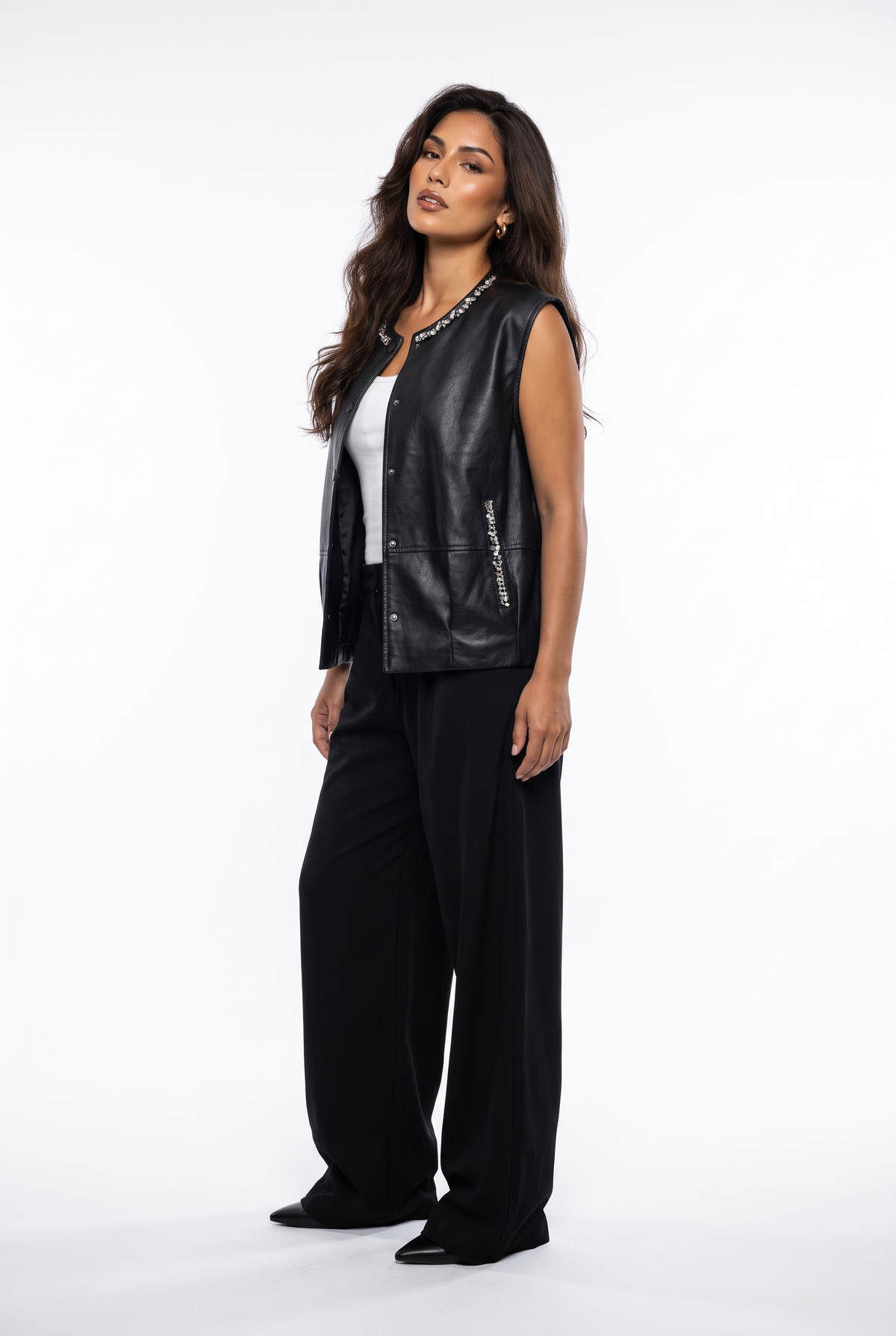 Rhinestone-Trim Vegan Leather Vest