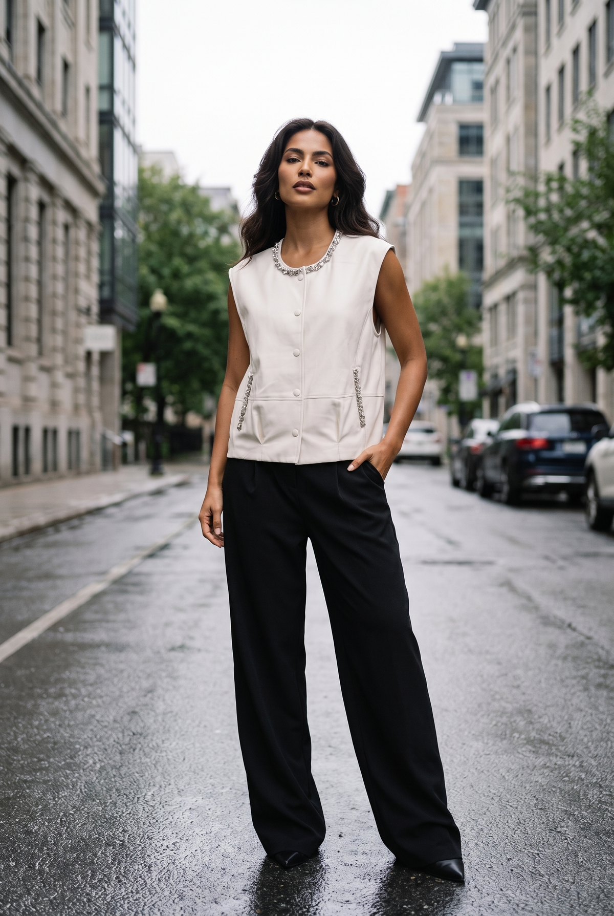 Rhinestone-Trim Vegan Leather Vest