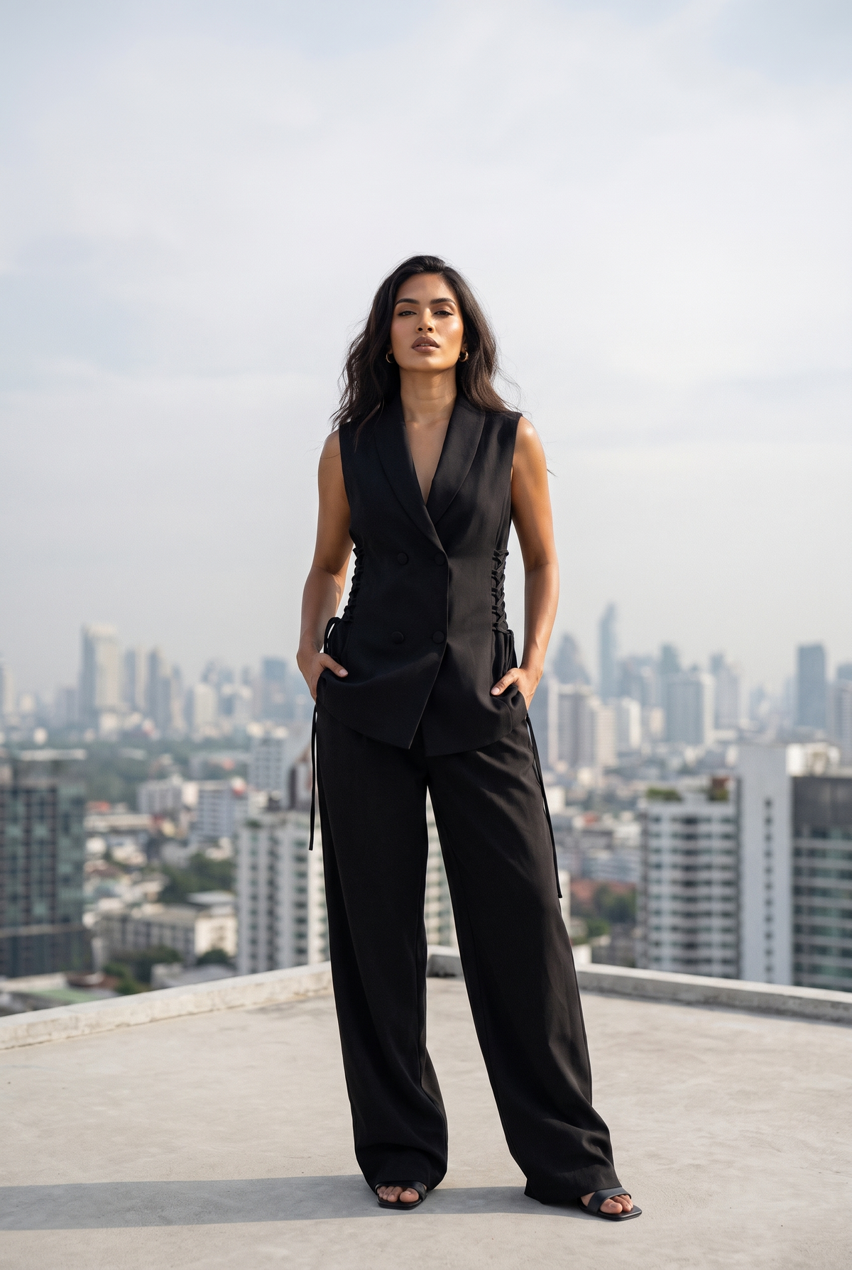 Lace-Up Double-Breasted Vest Set