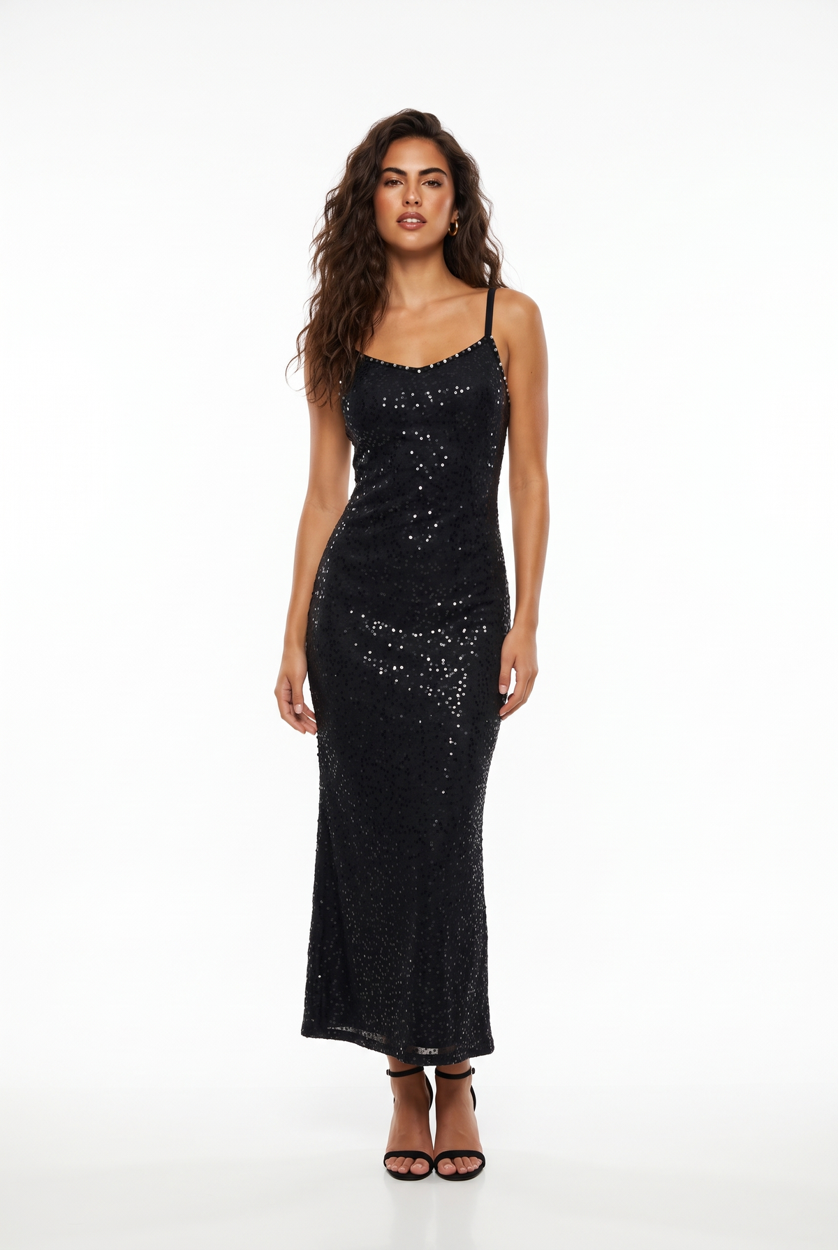 Embellished-Neck Sequin Slip Gown