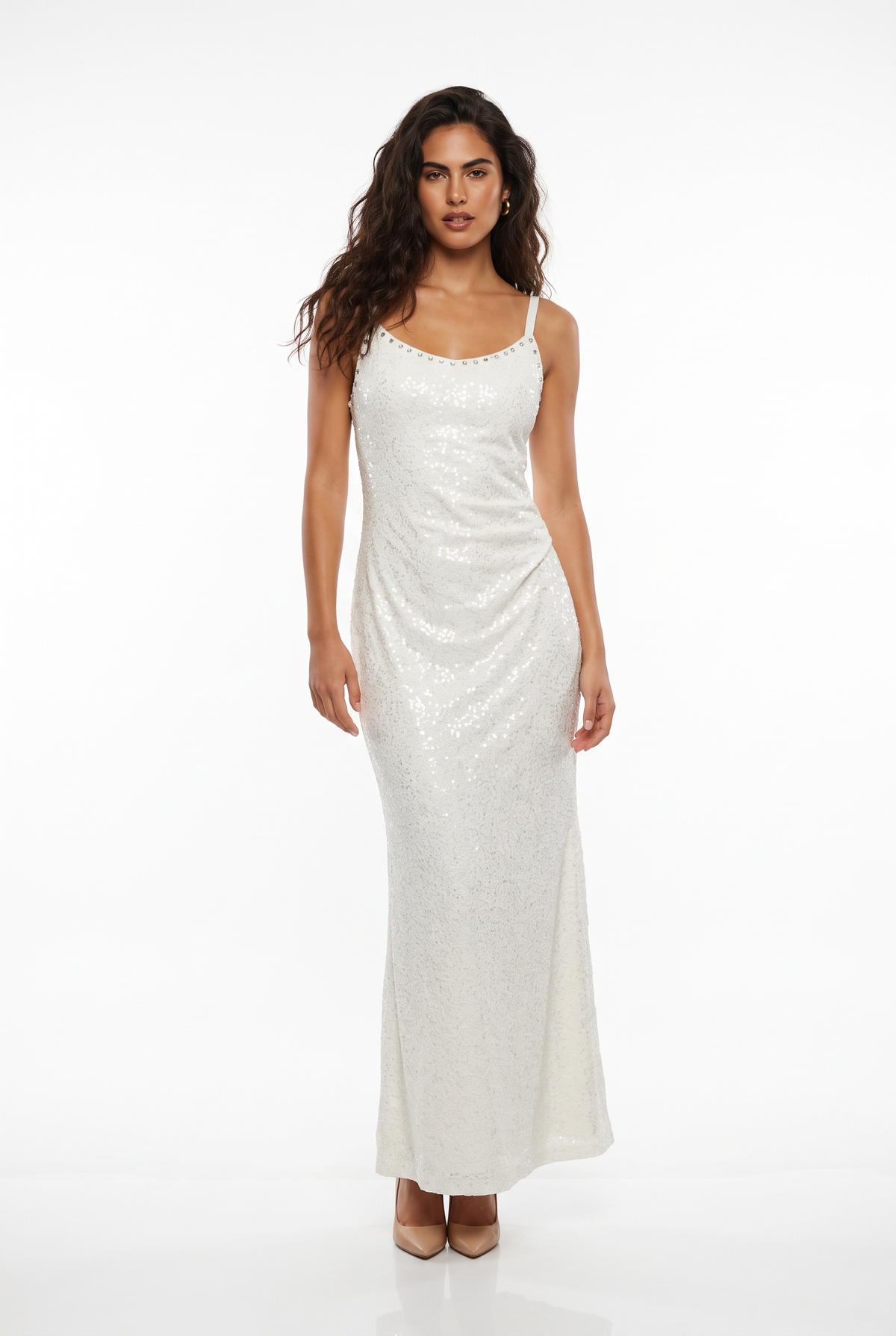 Embellished-Neck Sequin Slip Gown
