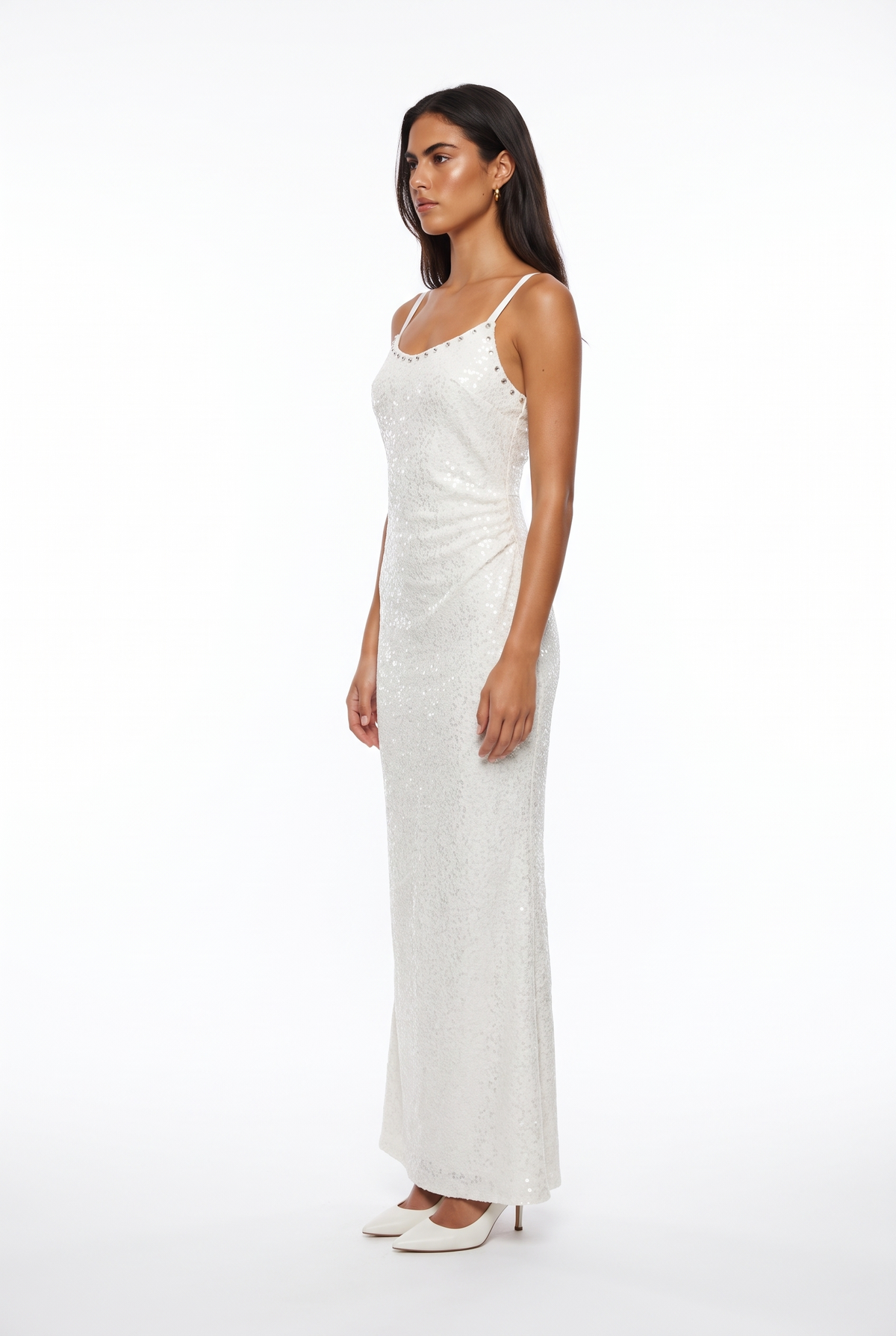 Embellished-Neck Sequin Slip Gown