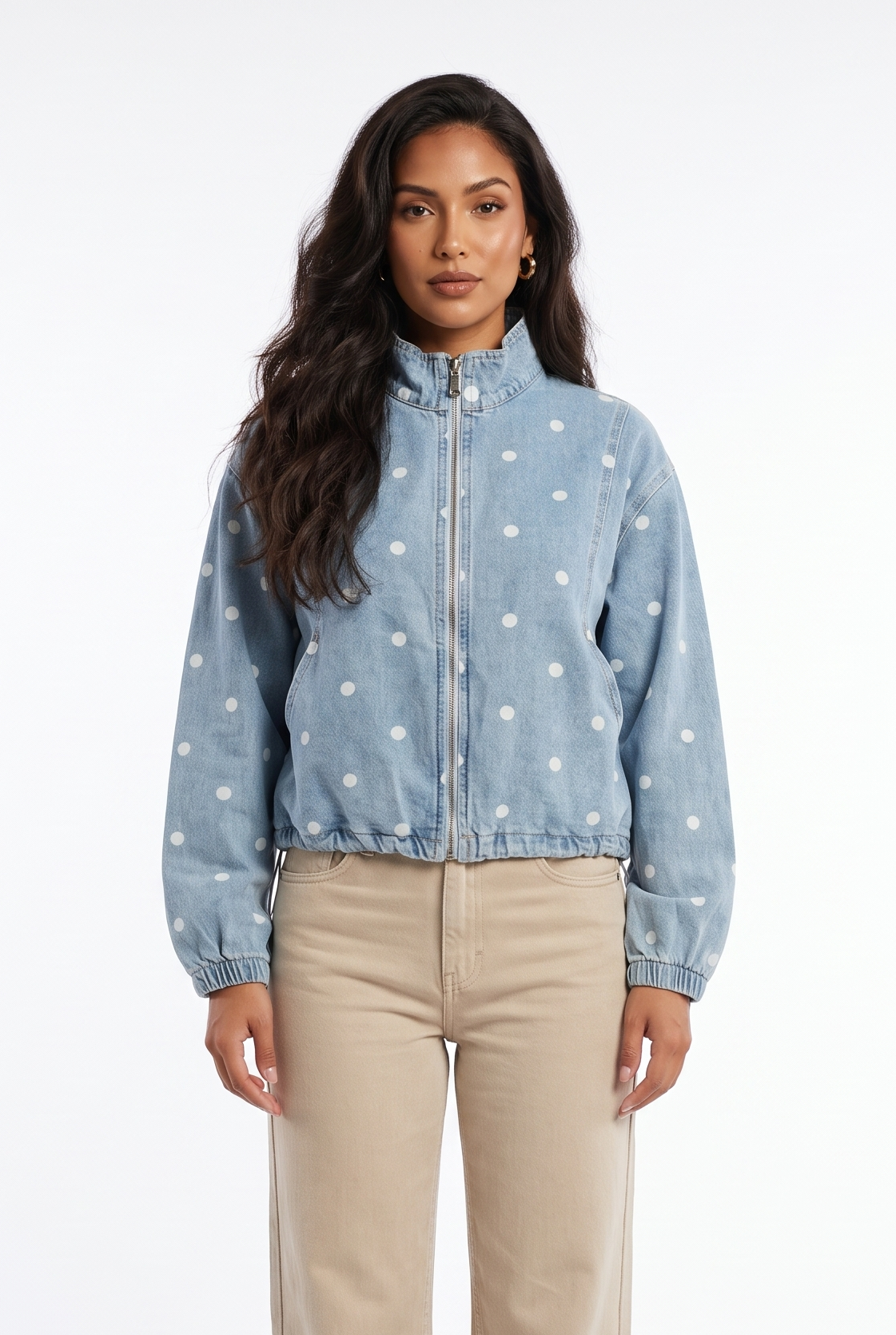 Polka Dot Denim Bomber Jacket