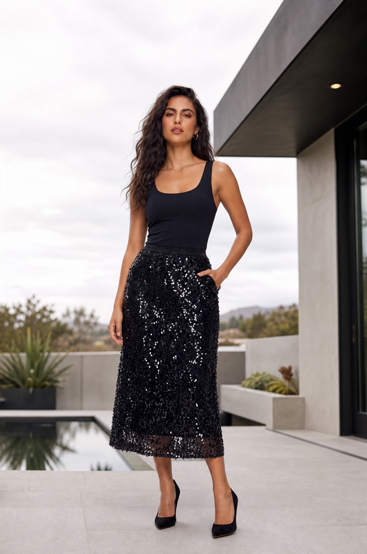 All-Over Sequin Midi Skirt