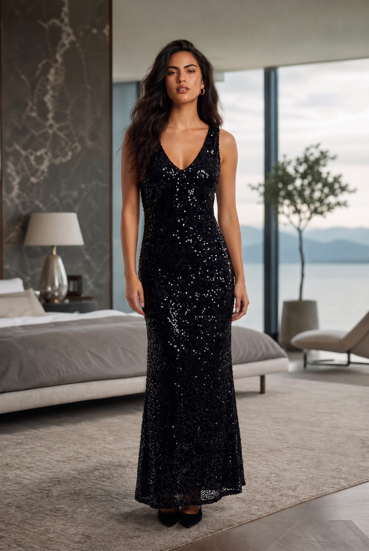All-Over Sequin V-Neck Maxi Dress