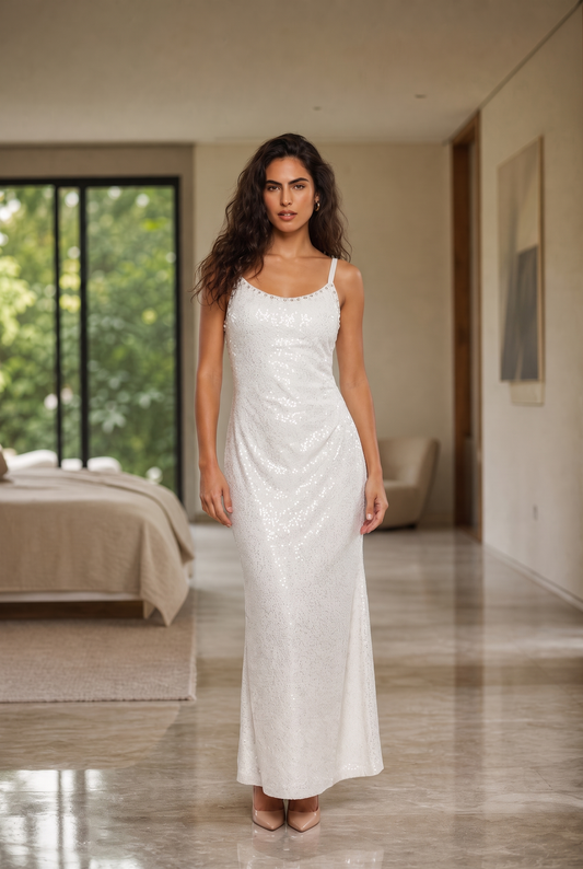 Embellished-Neck Sequin Slip Gown