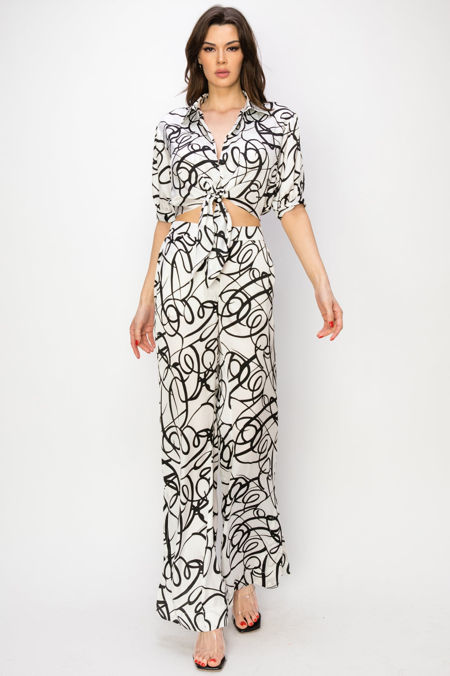 White Base Black-Pen Drawing Print Wide Leg Pants