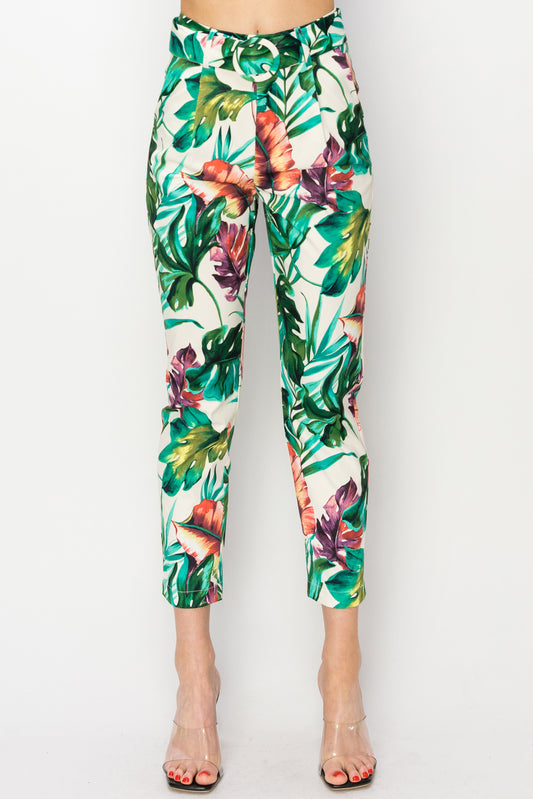 Green/White Leaf Print High Waist Cropped Pants with O Belt