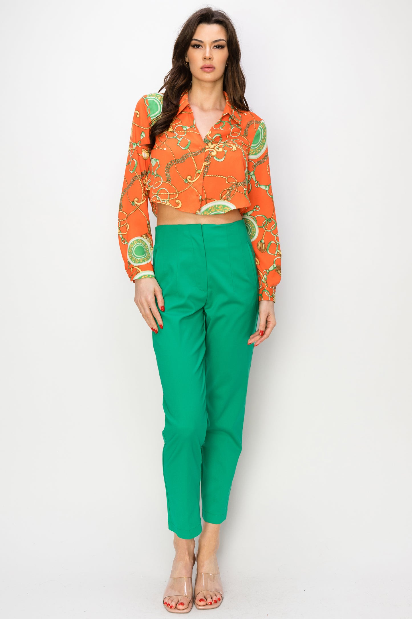 Trendsetter Orange-Green Chain Print Long-sleeved cropped top